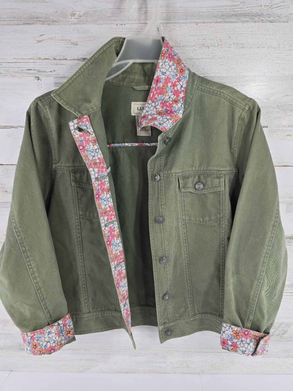 L.L. Bean Women's Olive Green Denim Jacket Floral Trim Size Large Petite *AS-IS*